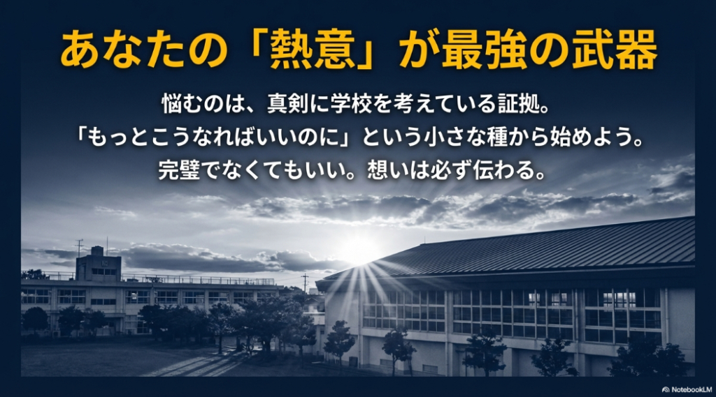 悩むのは学校を真剣に考えている証拠であり、熱意こそが最強の武器であると候補者を励ます結びのスライド。