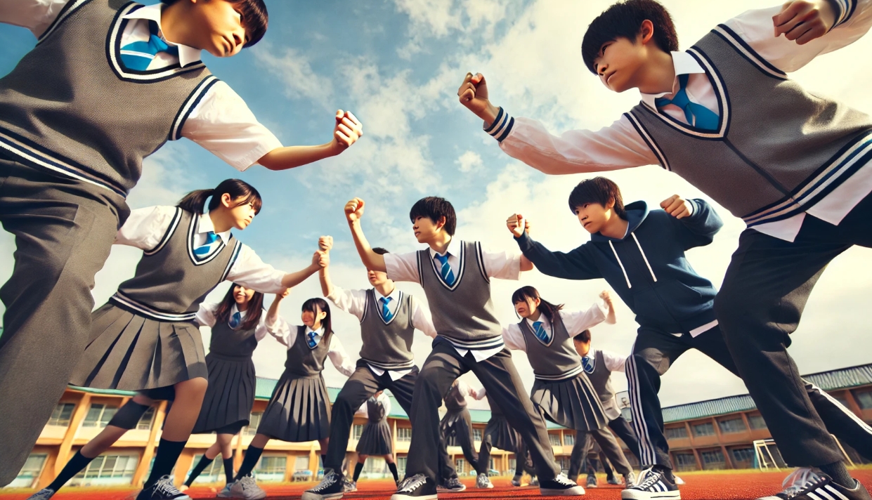 運動会でスローガンが書かれた旗を持つ生徒たち