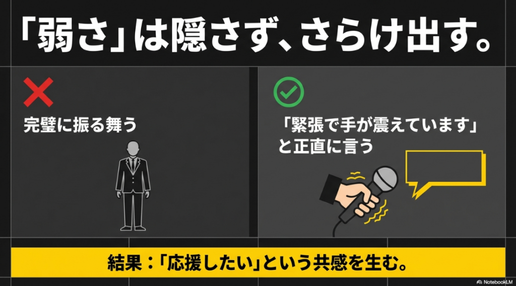 マイクを持つ震える手のイラストと、緊張を正直に伝えることの重要性を解説した図