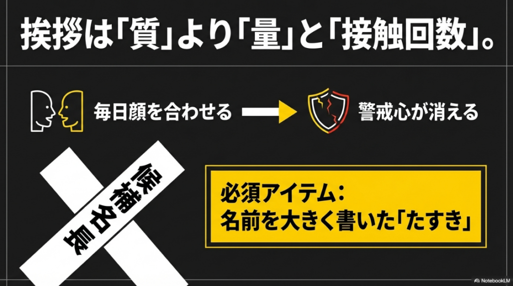 接触回数を増やす挨拶運動の重要性と、視認性を高めるたすきの作り方