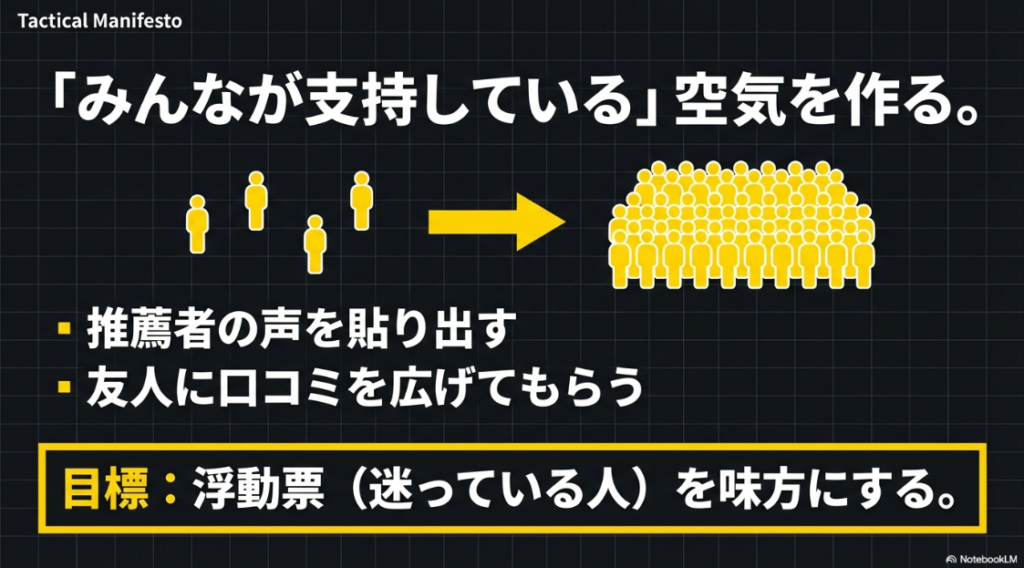 多くの人が支持しているように見せることで浮動票を集めるバンドワゴン効果の解説図