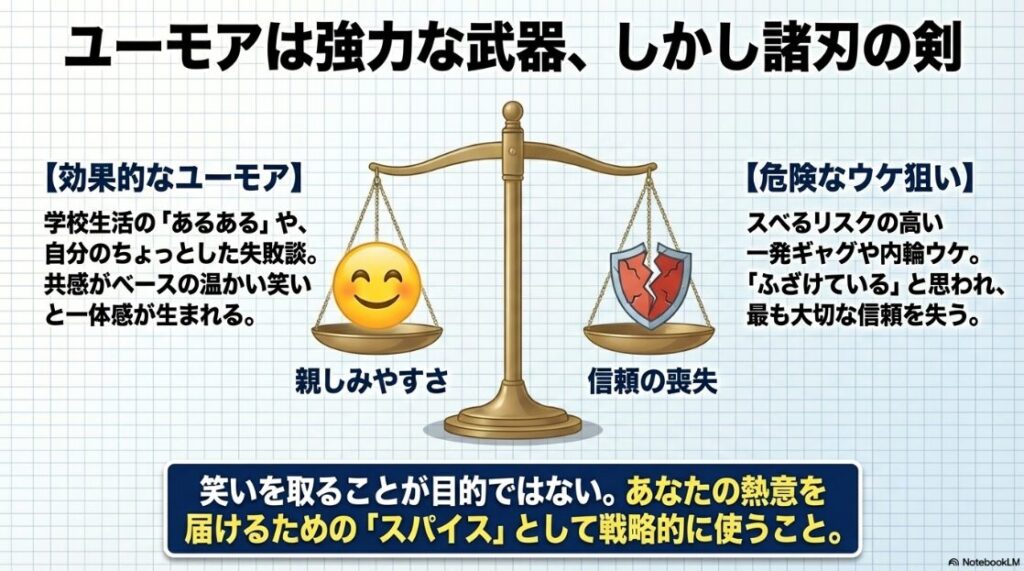 ユーモアは強力な武器だが諸刃の剣でもある：親しみやすさを生む効果的なユーモアと、信頼を失う危険なウケ狙いの違い