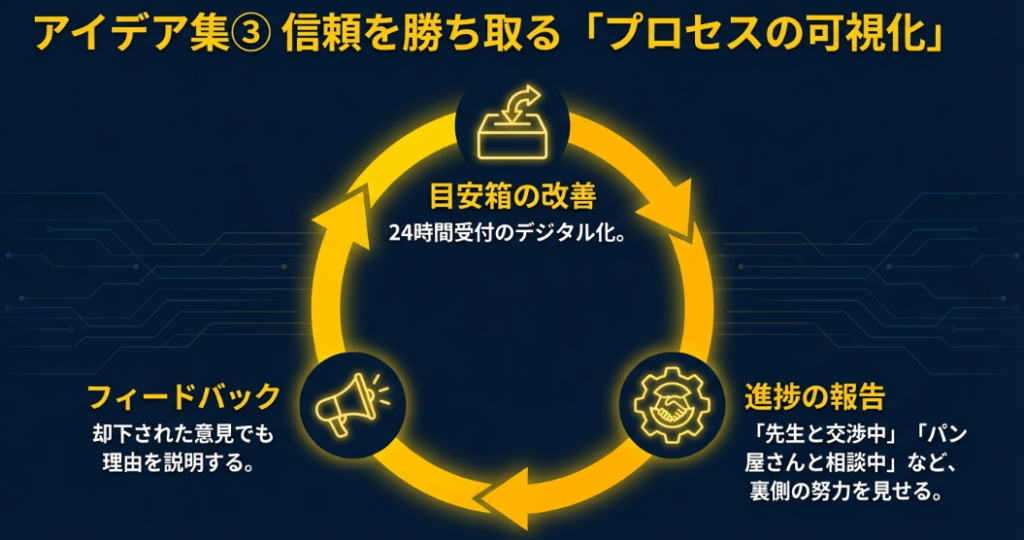却下された意見の理由説明や、交渉中の裏側の努力を見せるなど、目安箱改善と進捗報告のポイントを解説するスライド。