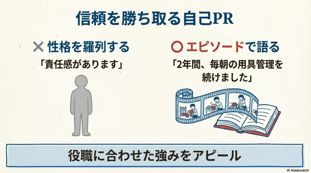 性格を羅列するのではなく、具体的なエピソードで強みを語る自己PRのコツを、図解とともに解説するスライド。