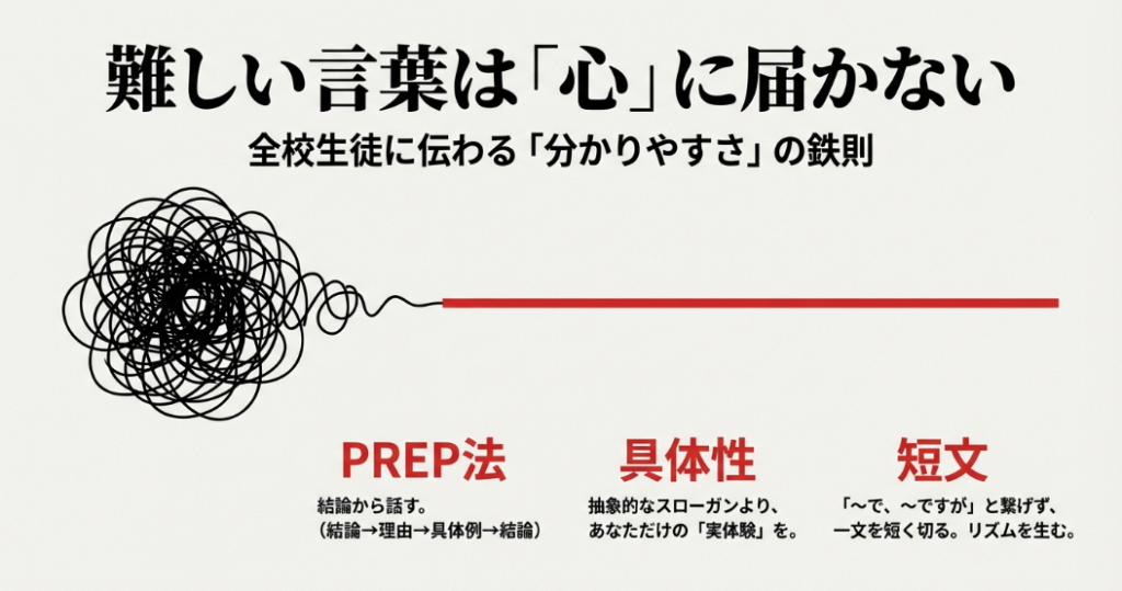 PREP法、具体性、短文といった、分かりやすい演説にするためのポイントを解説するスライド。