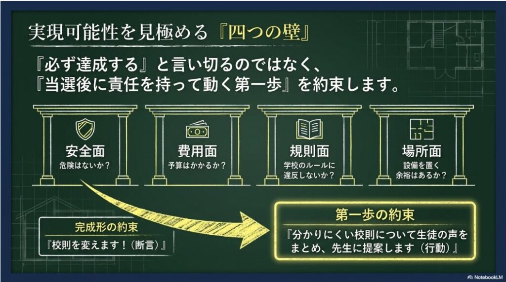 安全面、費用面、規則面、場所面から生徒会公約の実現可能性を確認するスライド