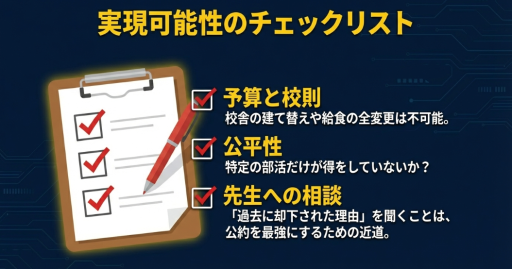 予算、校則、公平性、先生への相談など、公約を最強にするための最終確認チェックリスト画像。