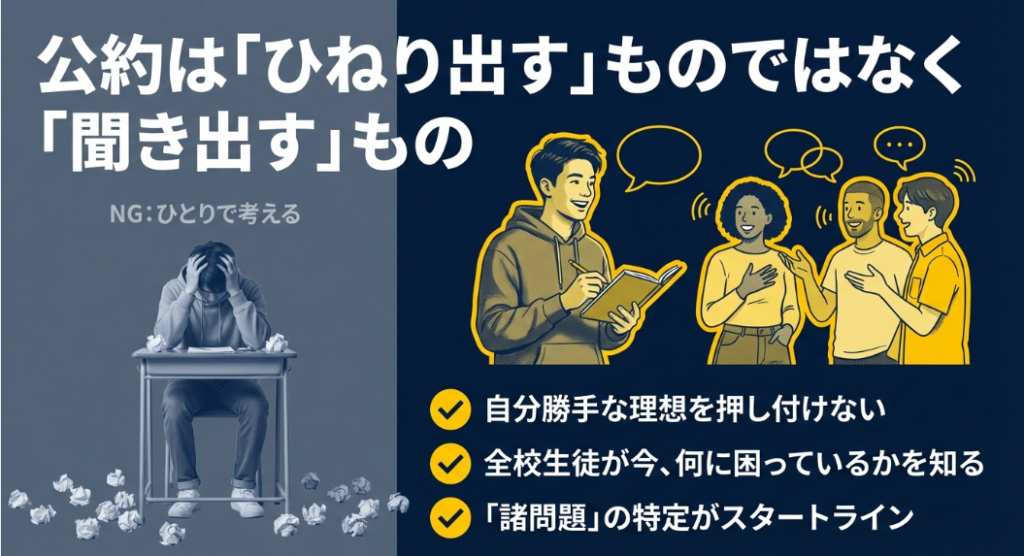 公約は一人で考えるのではなく、全校生徒が困っていることを聞き出すことがスタートラインであると解説する画像。