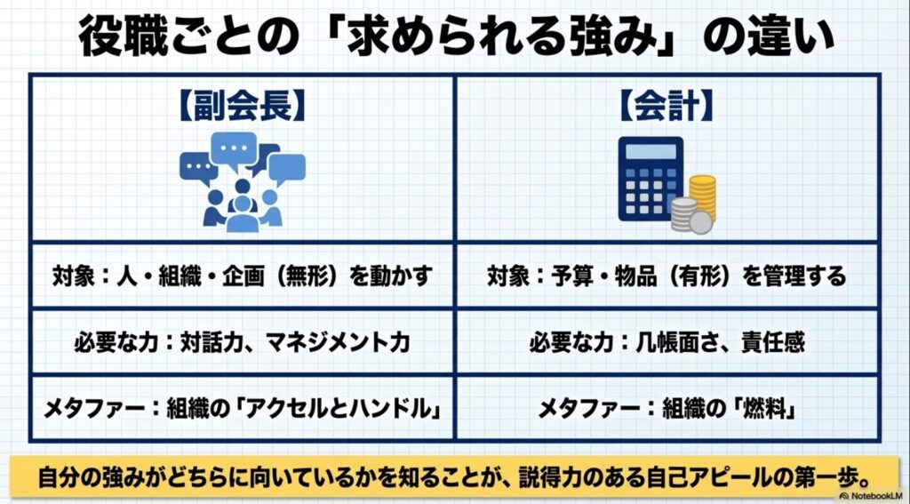 役職ごとの求められる強みの違い：副会長は人や組織を動かす対話力、会計は予算や物品を管理する几帳面さが必要