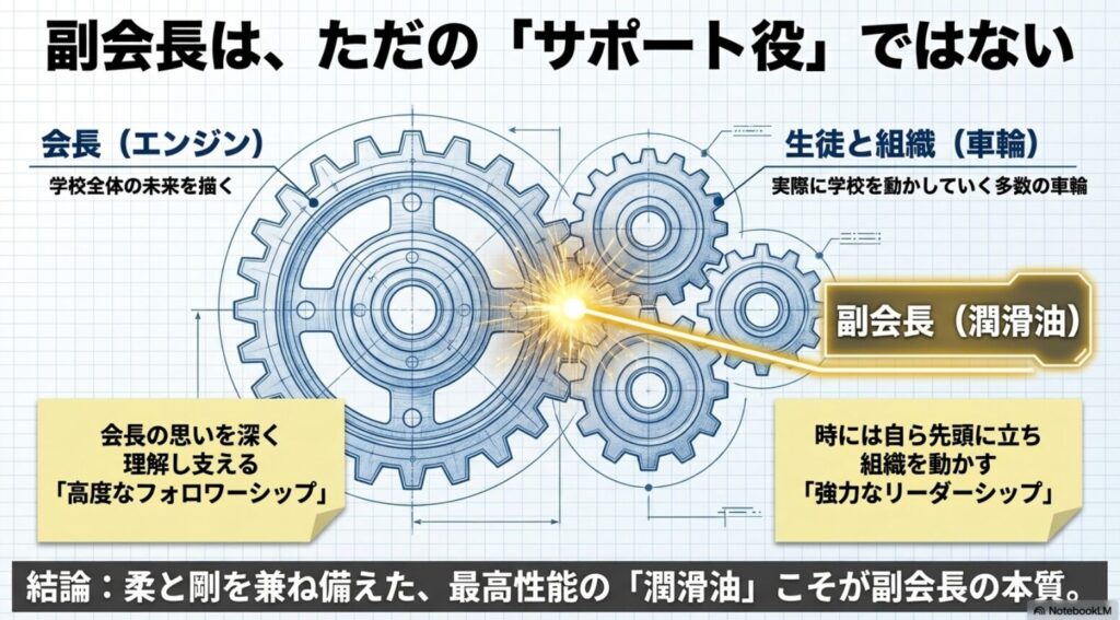 生徒会組織における副会長の役割を図解した歯車のイラスト：会長はエンジン、生徒と組織は車輪、副会長は潤滑油