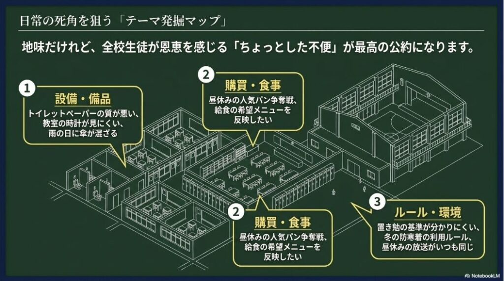 設備や購買、ルールなど日常の不便を公約テーマに変える視点を示すスライド