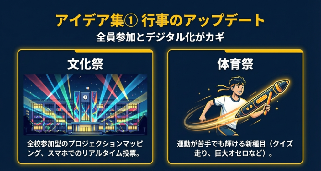 文化祭のプロジェクションマッピングや、体育祭の新種目など、デジタル化と全員参加をカギとしたアイデア一覧。