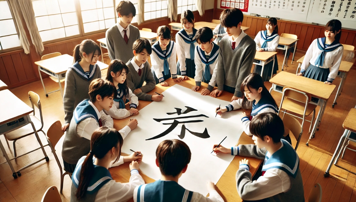 教室の黒板に書かれた漢字一文字の学級目標