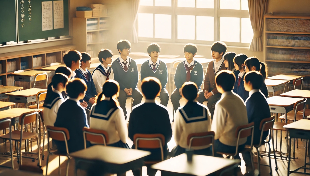 教室で学級目標について話し合う生徒たち