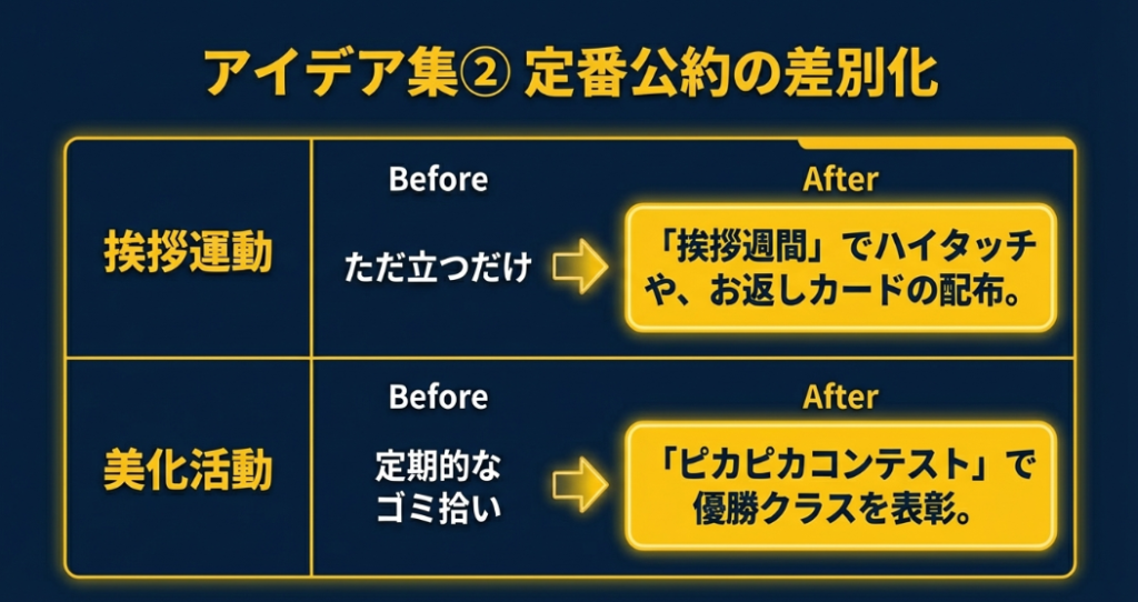 挨拶運動や美化活動などの定番公約を、より楽しく効果的にアップデートする差別化案の比較スライド。