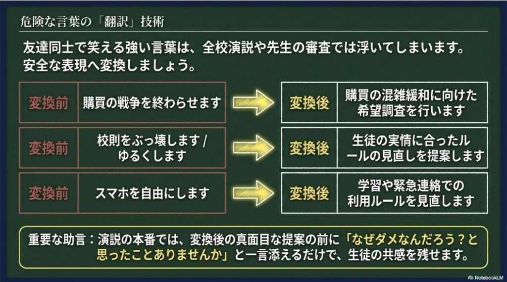 戦争や校則をぶっ壊すなどの強い表現を先生に説明しやすい言葉へ変換するスライド
