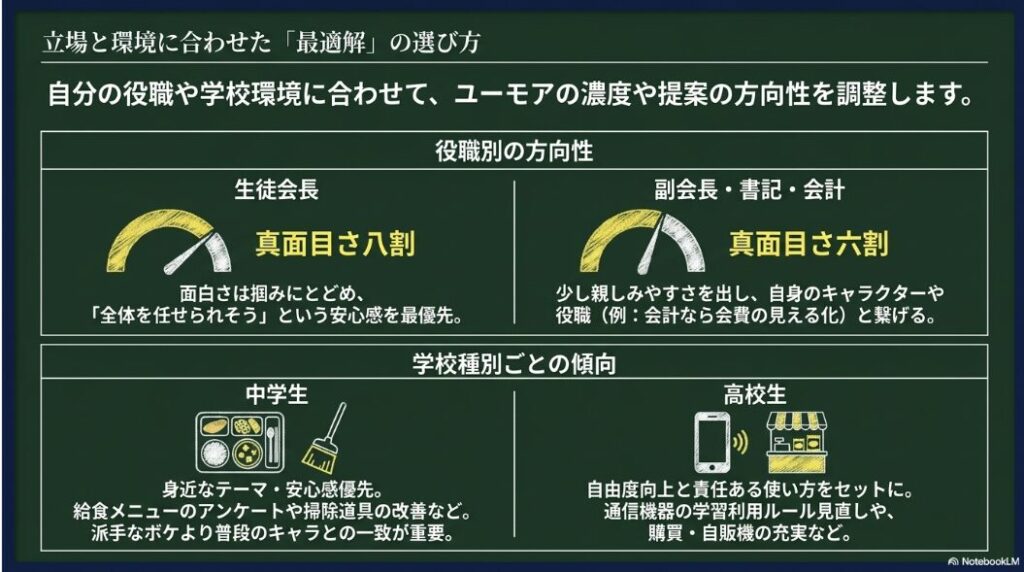 生徒会長や副会長などの役職、中学生と高校生で公約の方向性が変わることを整理したスライド