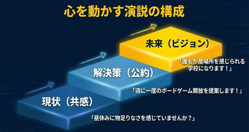 現状（共感）、解決策（公約）、未来（ビジョン）の順で構成する、説得力のある演説の流れを解説したスライド。