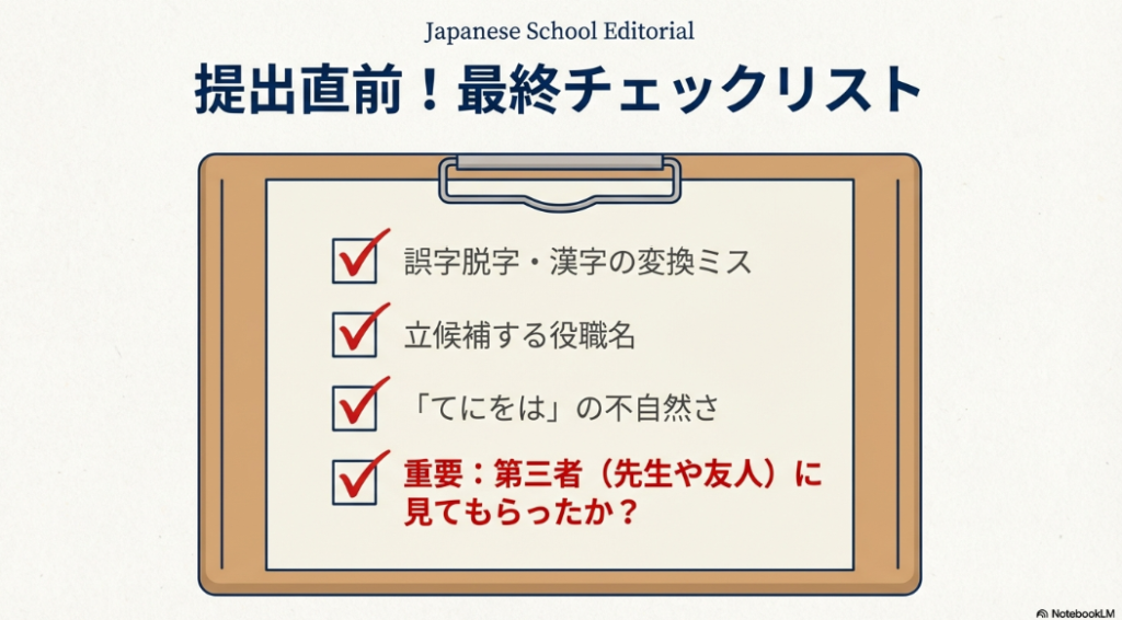 誤字脱字、役職名、てにをは、第三者チェックの有無など、提出前に確認すべき項目をまとめたスライド。