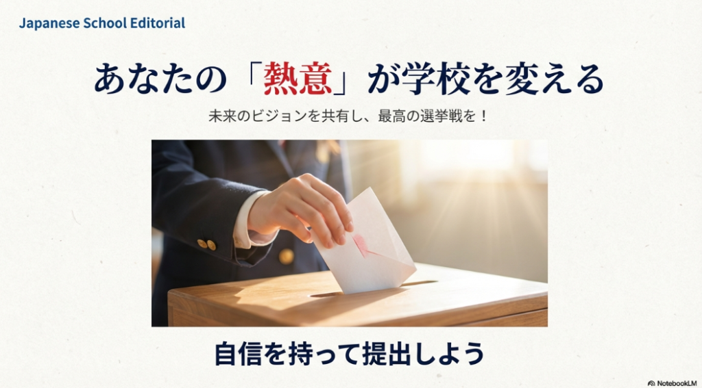 「あなたの熱意が学校を変える」というメッセージとともに、自信を持って公報を提出することを促すエンディングスライド。