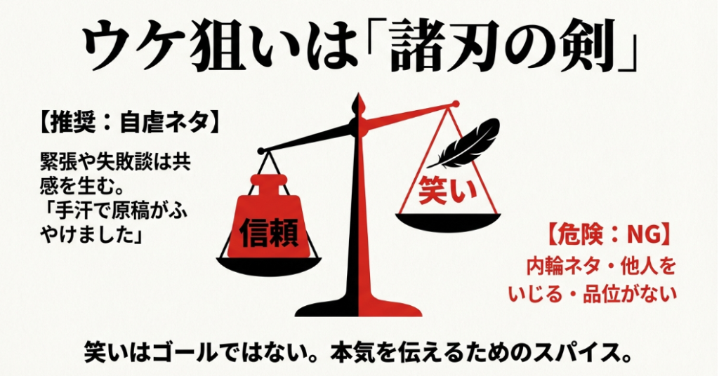 自虐ネタの推奨と、内輪ネタや他人をいじることの危険性を対比させたスライド。