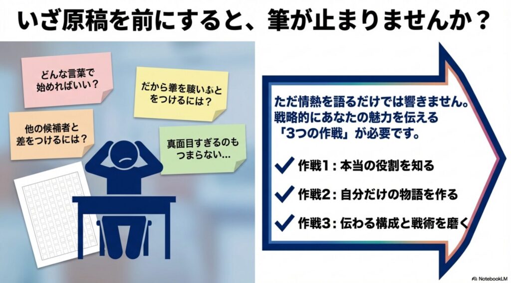 どんな言葉で始めればいいかなど、演説原稿の書き方に悩む立候補者のイラスト