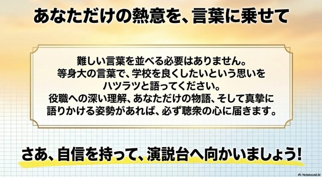 あなただけの熱意を言葉に乗せて：難しい言葉は使わず、等身大の言葉でハツラツと語るよう促すメッセージ