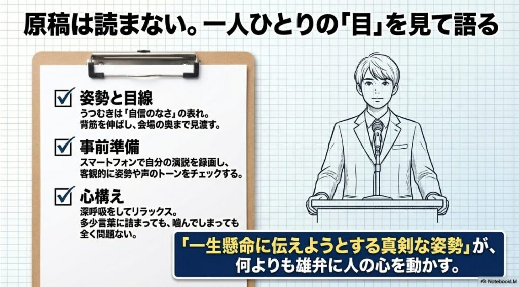 原稿は読まずに一人ひとりの目を見て語る、演説台に立つ立候補者のイラスト