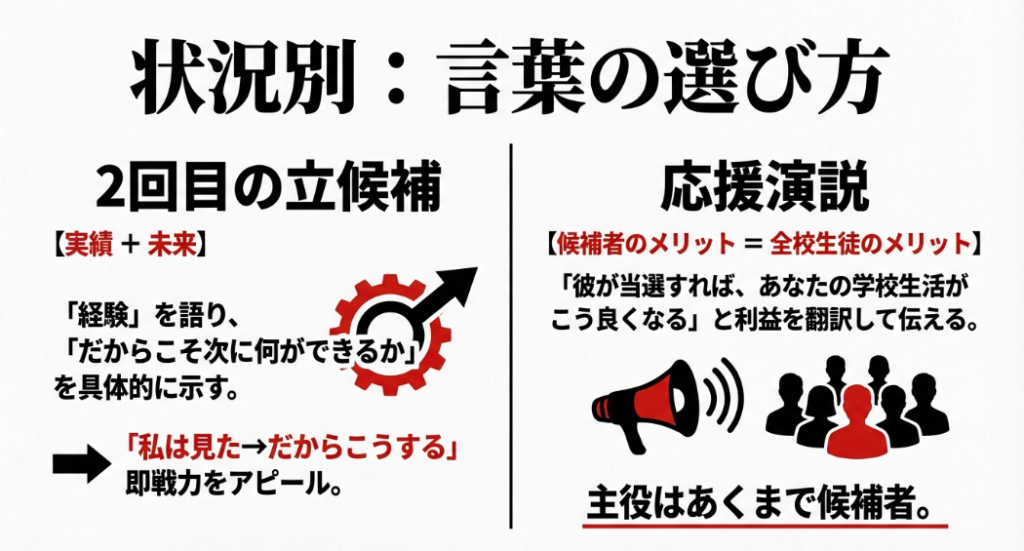 2回目の立候補での実績アピールや、応援演説でのメリット翻訳のコツをまとめたスライド。