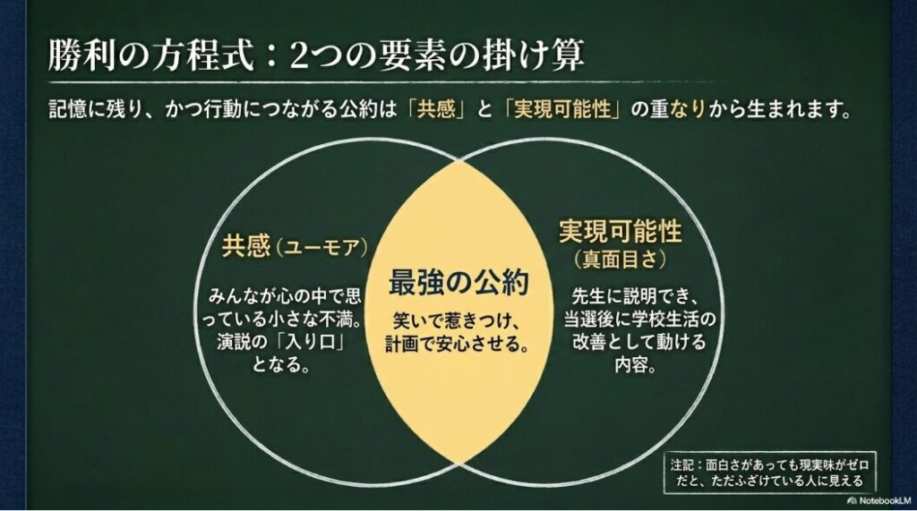 共感と実現可能性が重なることで信頼される公約になることを示す図解スライド