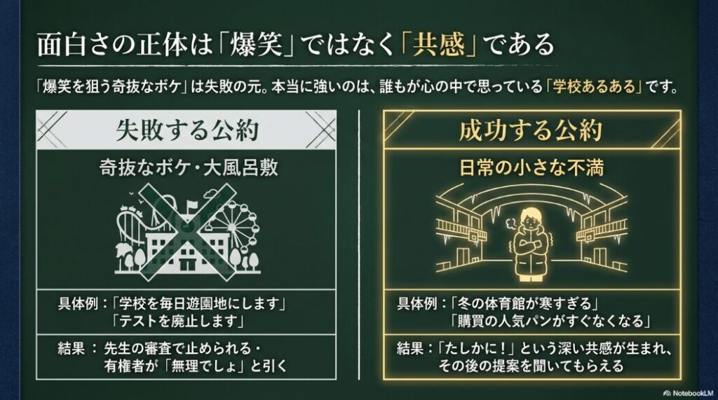 奇抜な公約より学校あるあるに基づく公約のほうが共感されやすいことを比較したスライド