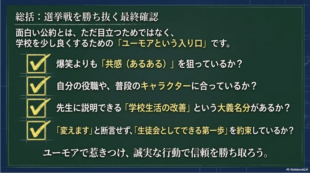 爆笑より共感、自分のキャラとの一致、先生に説明できる理由、実行できる第一歩を確認するスライド