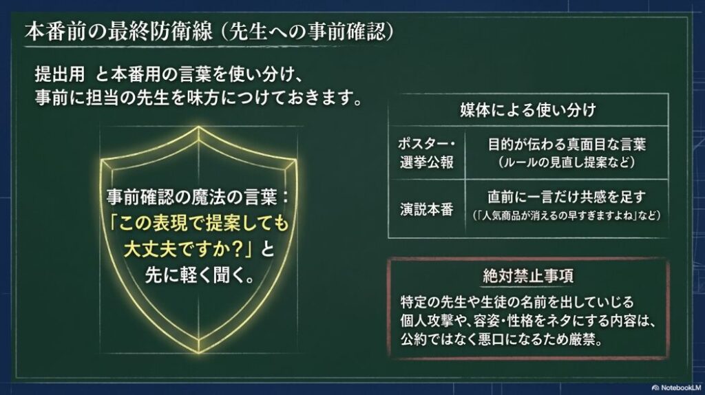 冒頭で共感を集め、中盤で真面目な提案に戻し、終盤で行動計画を示す演説構成のスライド
