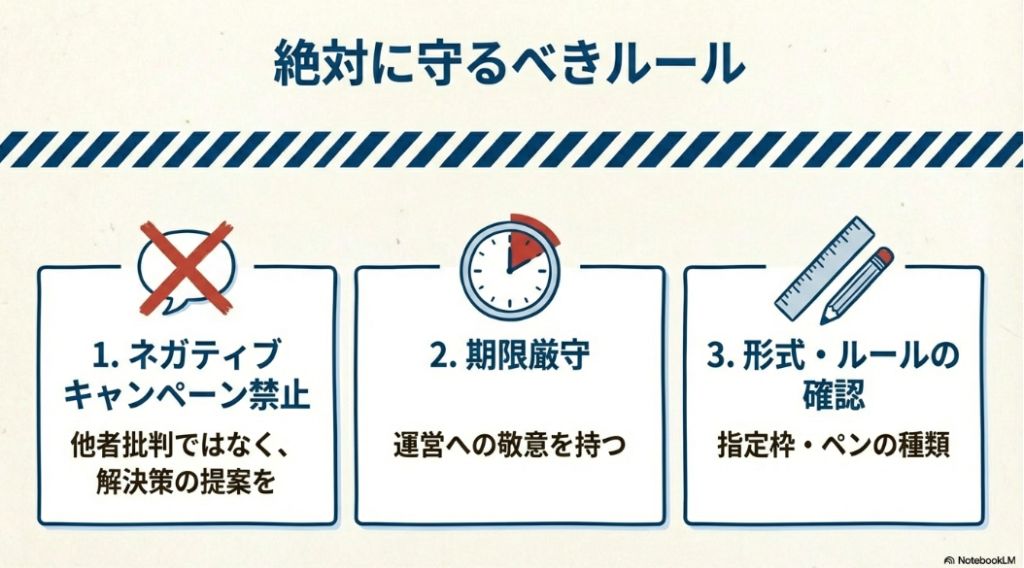 選挙運動のルール。他者批判の禁止、期限厳守、形式・ルールの確認（指定枠やペンの種類）を説明するスライド。