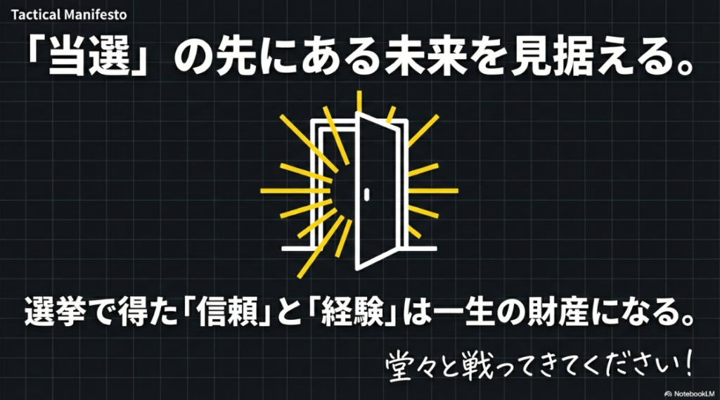 選挙で得た信頼と経験が一生の財産になることを示した、光る扉のイラストメッセージ