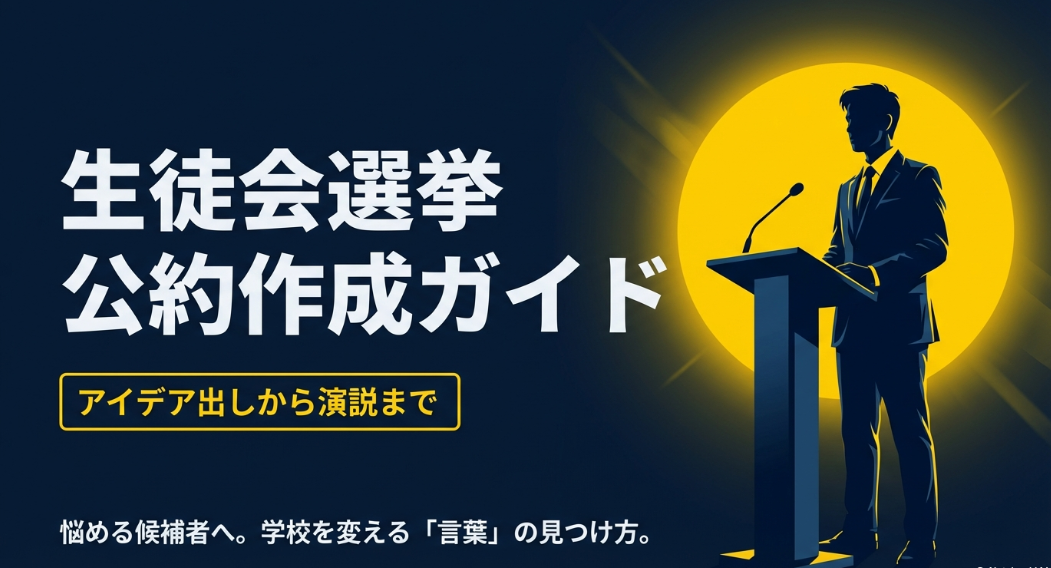 生徒会選挙の公約作成ガイド、アイデア出しから演説までを解説するスライドの表紙画像。