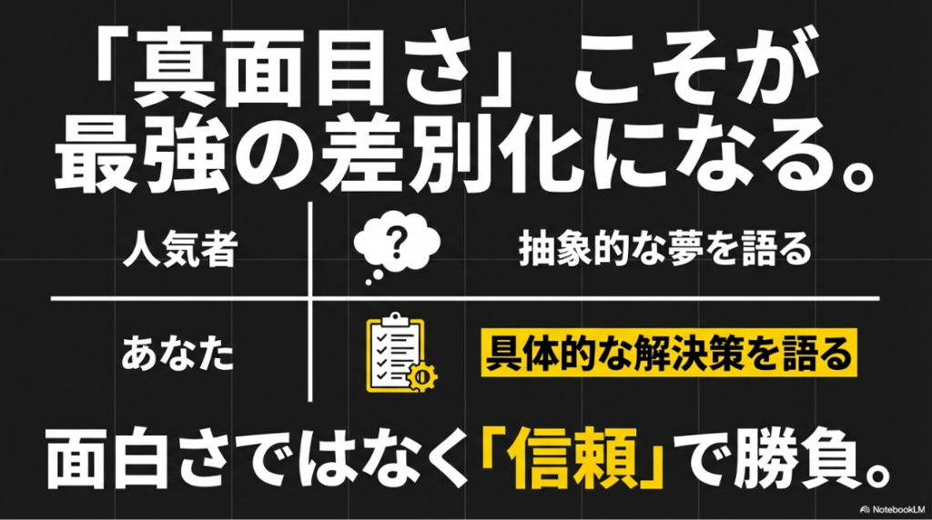 人気者の抽象的な夢語りと、真面目な候補者の具体的な解決策を対比させた図