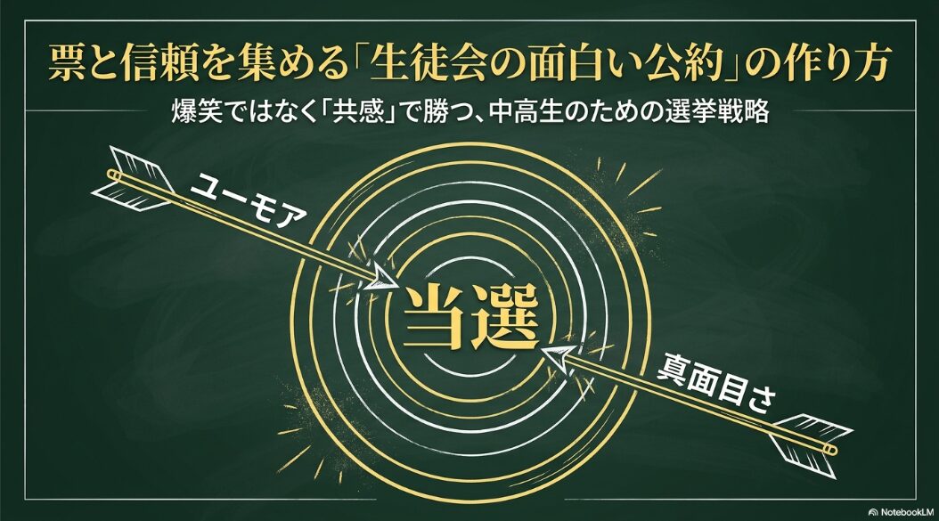 生徒会の面白い公約はユーモアと真面目さの両立が大切であることを示すスライド