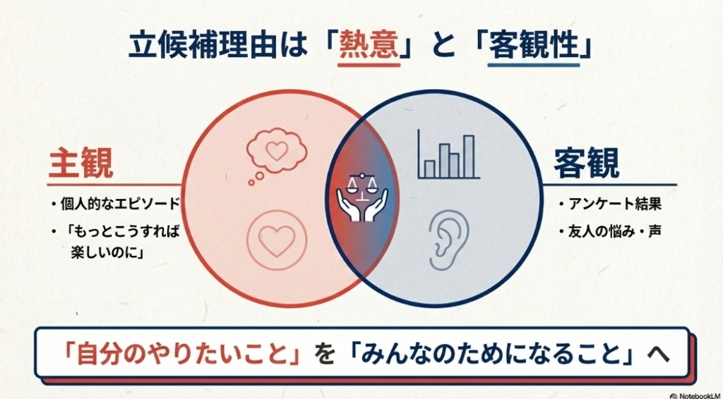 立候補理由における主観（個人的なエピソード）と客観（アンケートや友人の声）のバランスの重要性を説明するスライド。