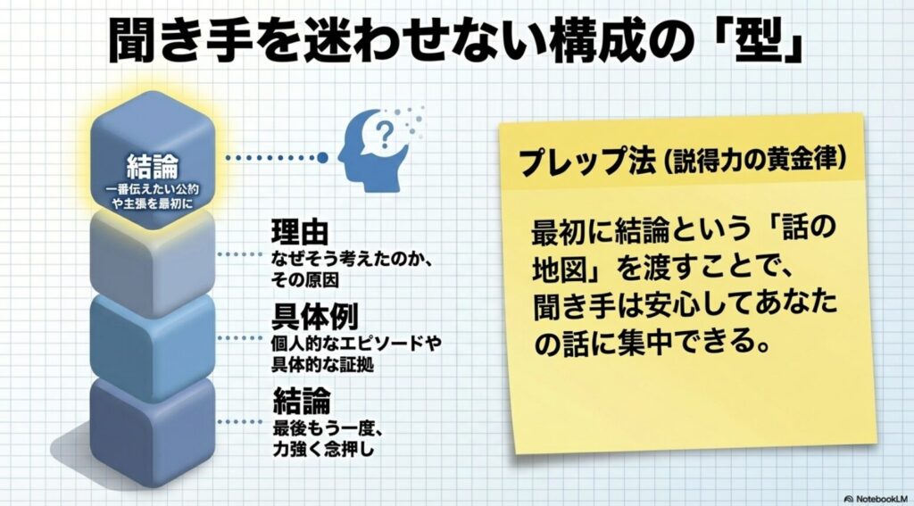 説得力の黄金律であるプレップ法の構成図：結論、理由、具体例、結論の順番で話す