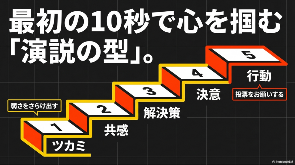 ツカミ・共感・解決策・決意・行動の5ステップで構成された演説の型