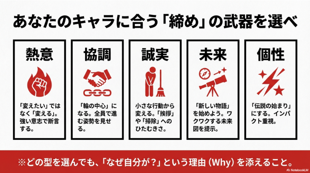熱意、協調、誠実、未来、個性といった、自分のキャラクターに合う締めの武器を選ぶためのスライド。