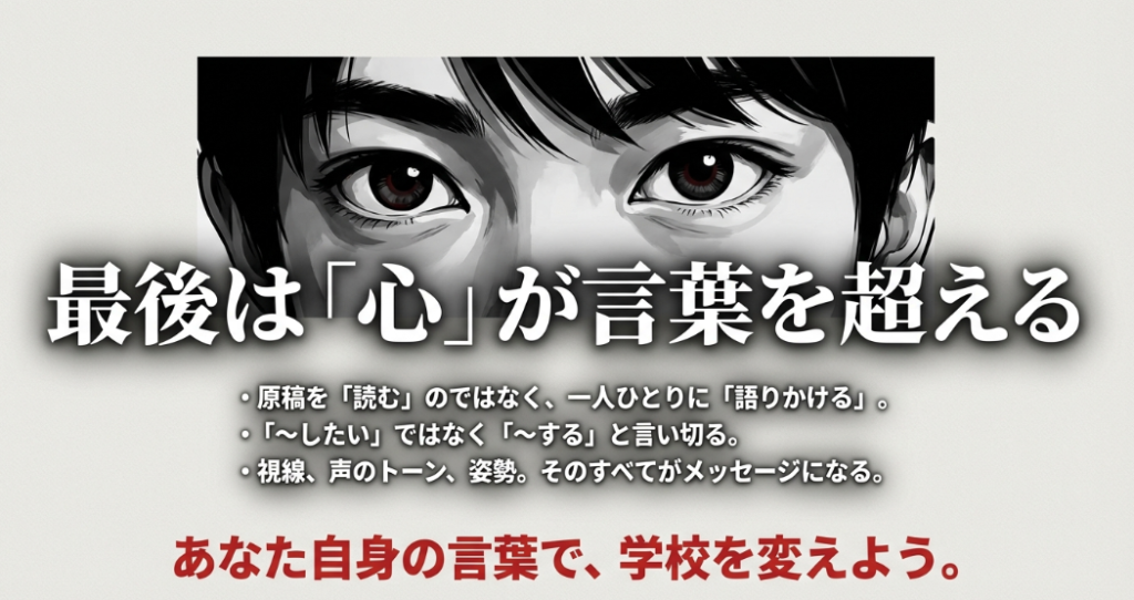 原稿を読むのではなく語りかけること、視線や姿勢の重要性を説くスライド。