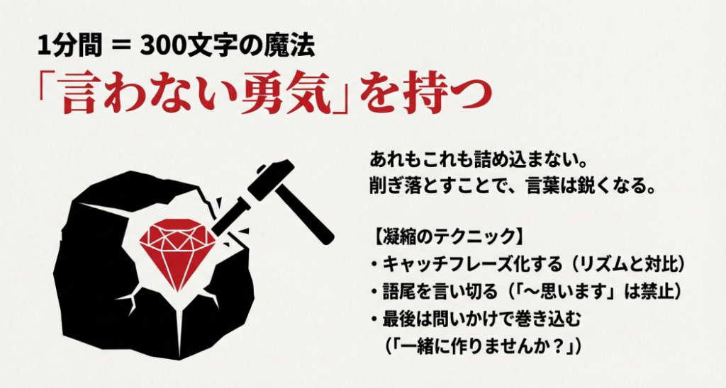 1分間300文字を目安に言葉を削ぎ落とし、鋭くするための凝縮テクニックを説明するスライド。