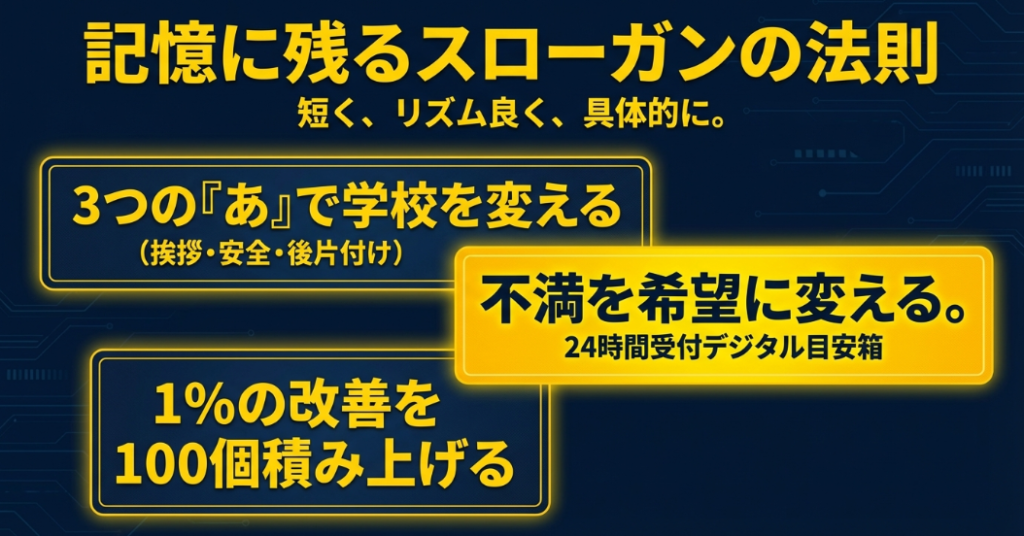 短く、リズム良く、具体的に作成するスローガンの法則と、「3つの『あ』」などの具体例を紹介する画像。
