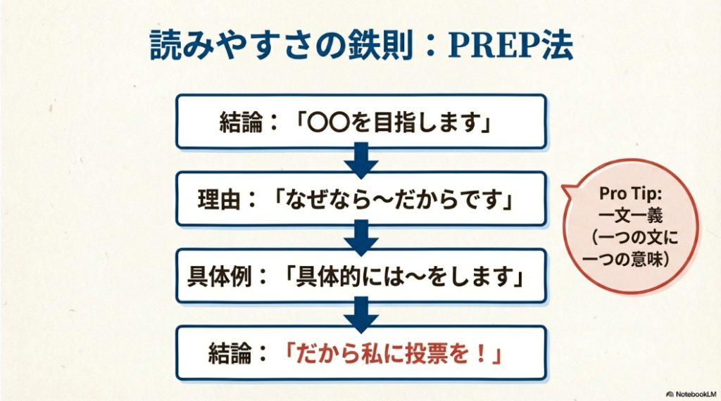 結論、理由、具体例、結論の順で構成するPREP法を、選挙公報の文脈で解説したスライド。一文一義のポイントも記載。