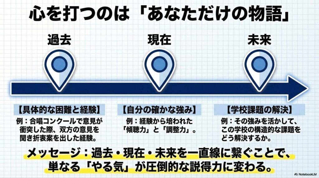 心を打つあなただけの物語を作るための、過去から現在、未来へと繋がる構成図