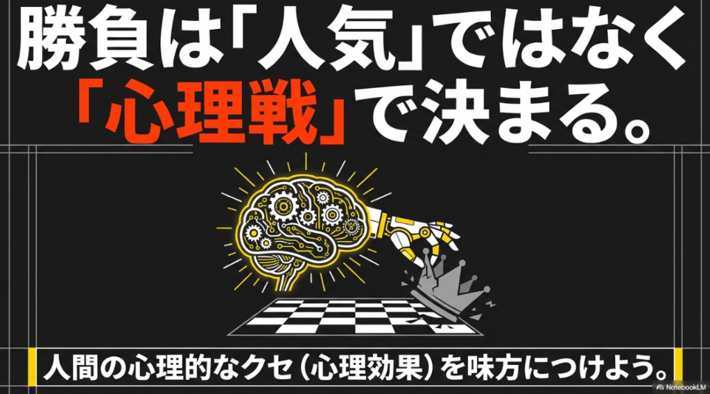脳のメカニズムとチェス盤のイラストで、選挙が心理戦であることを示すスライド