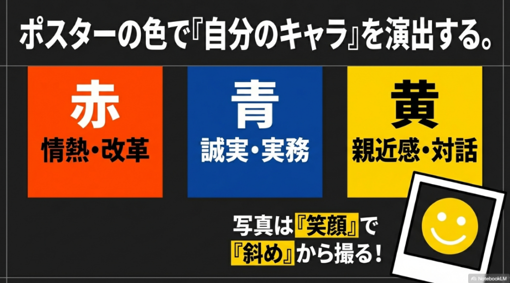 赤・青・黄色の心理効果と、好印象を与える斜めからの笑顔の写真撮影テクニック