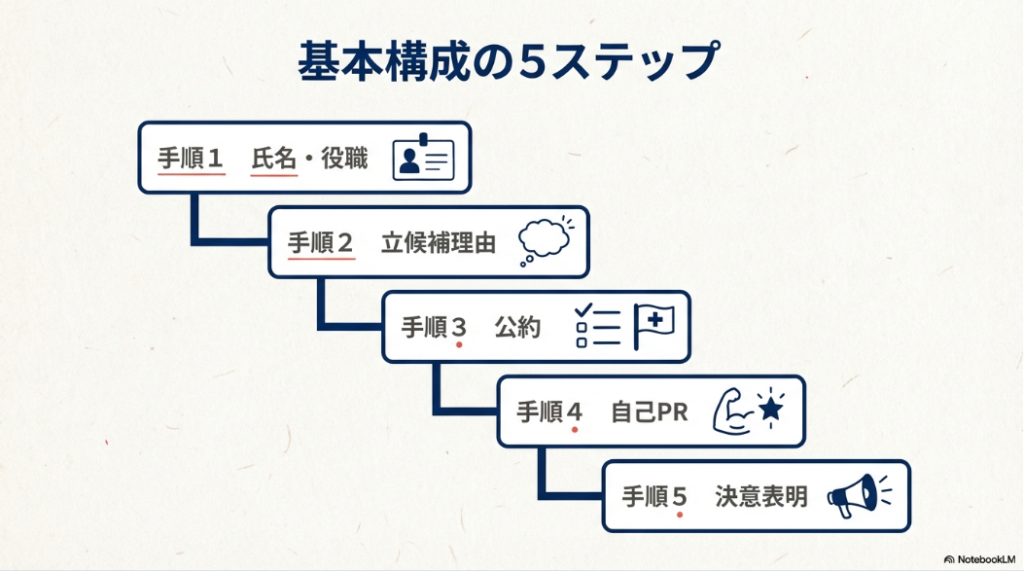 選挙公報の基本構成5ステップ（氏名・役職、立候補理由、公約、自己PR、決意表明）を図解したスライド。